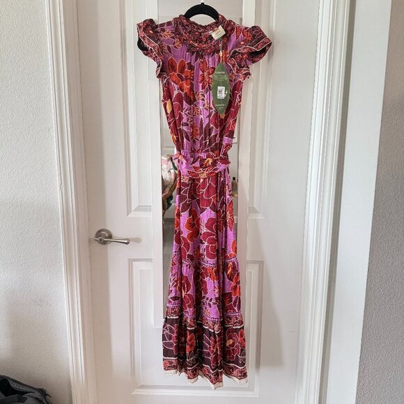 Farm Rio x Anthropologie Sweet Floral Midi Dress Lilac/ Purple Belted Size M NWT - Picture 1 of 6